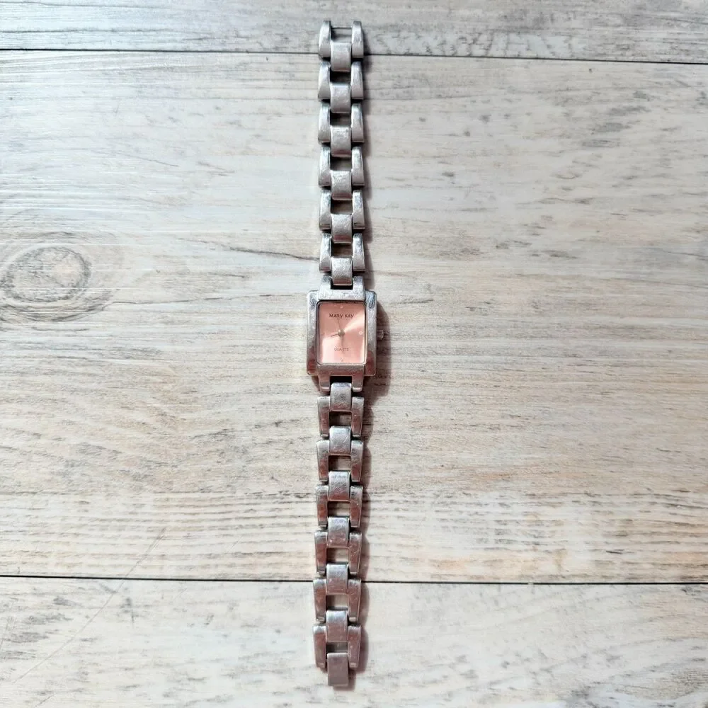 Vintage Mary Kay Pink Dial Silver Tone Rectangle Watch Y2K Rhinestone Watch
